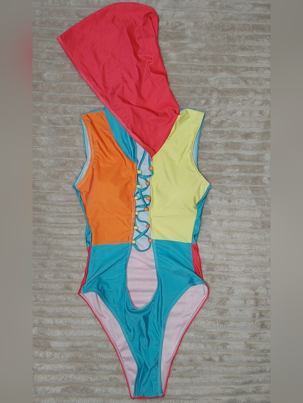 Colorblock Lace-Up Hooded One-Piece Swimsuit - Multicolor